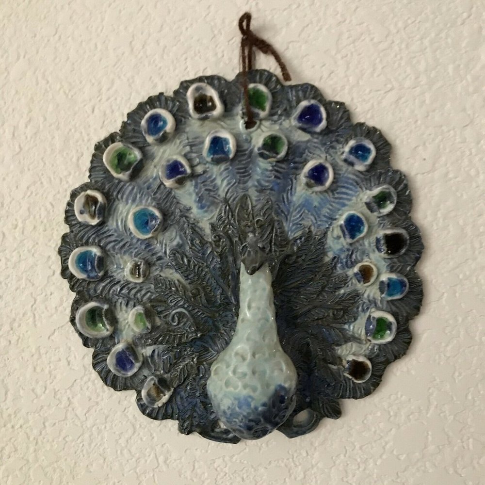 Artisan Blue and Green Sculpted Peacock Funky Ceramic Wall Decor Handmade Signed